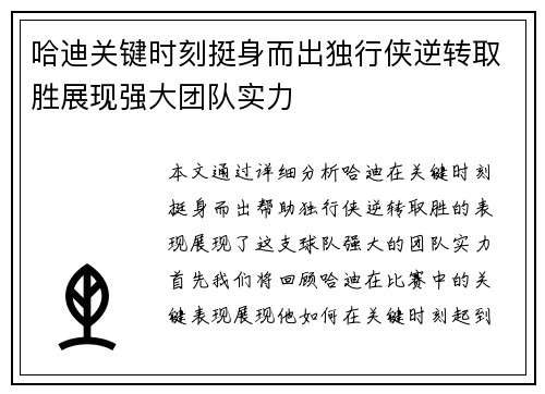 哈迪关键时刻挺身而出独行侠逆转取胜展现强大团队实力