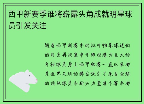 西甲新赛季谁将崭露头角成就明星球员引发关注
